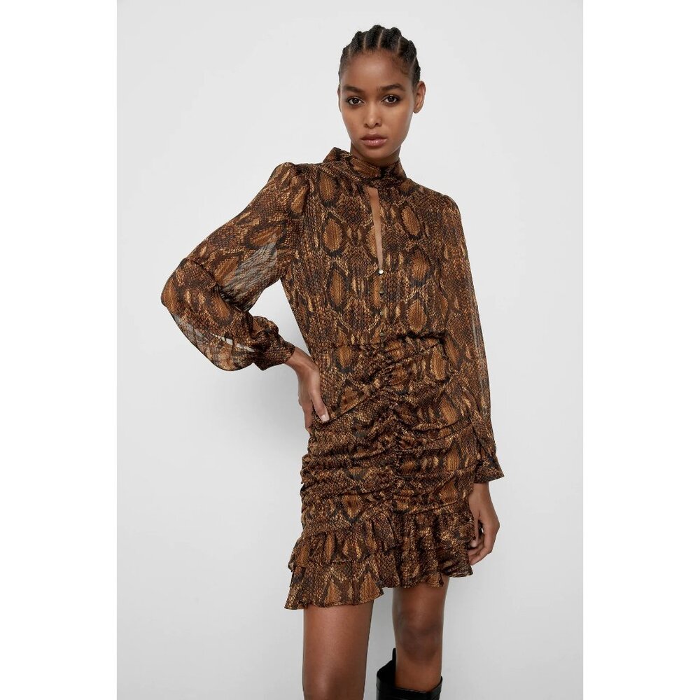 NWT Zara snakeskin print metallic fibre ruched mini dress, XS